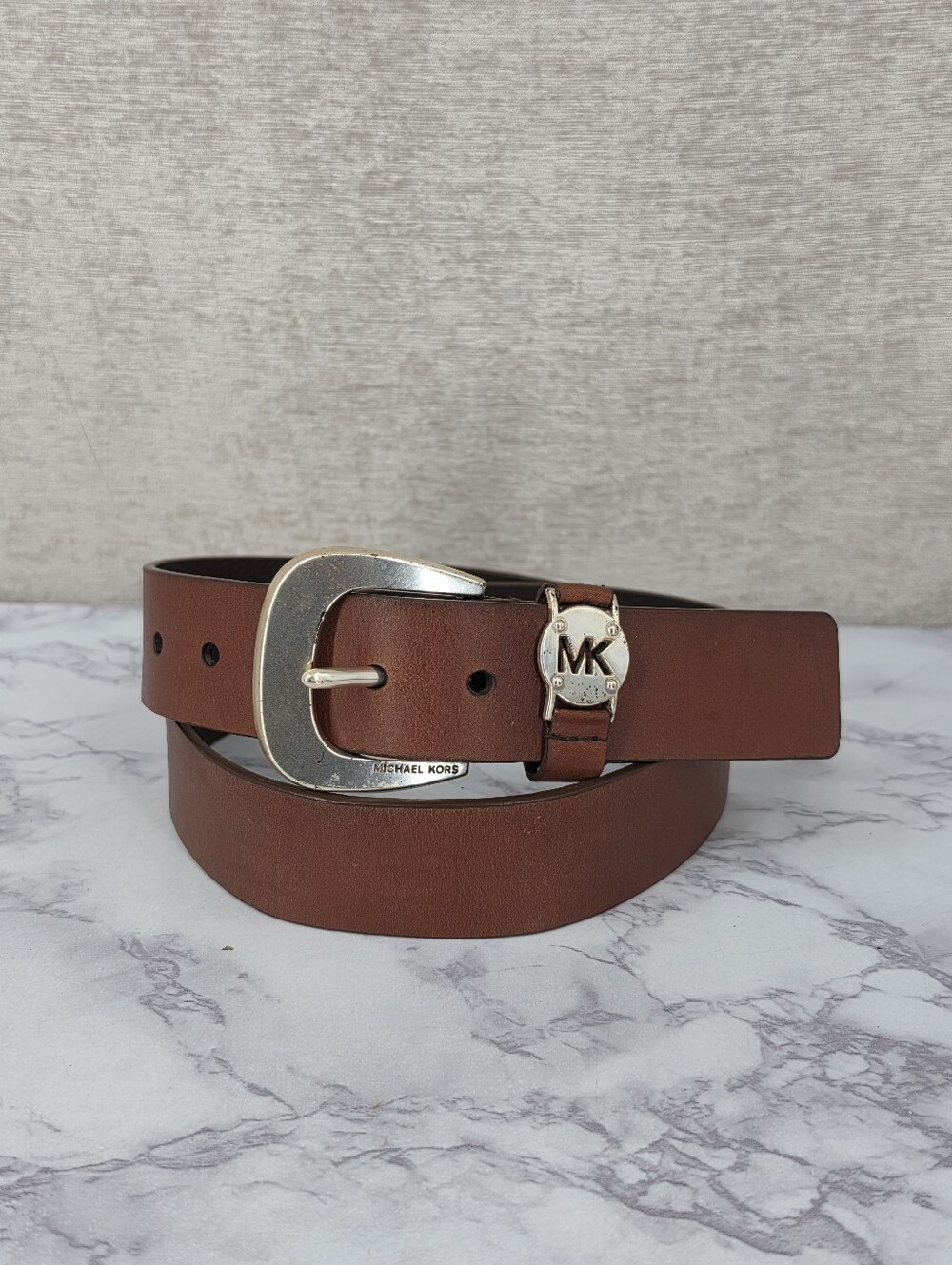 Michael Kors Leather Belt With Silver Toned Buckle and Logo